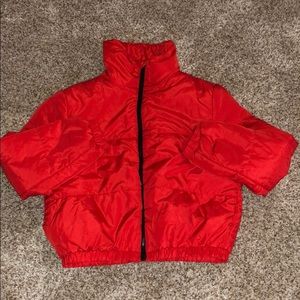 Red puffer jacket